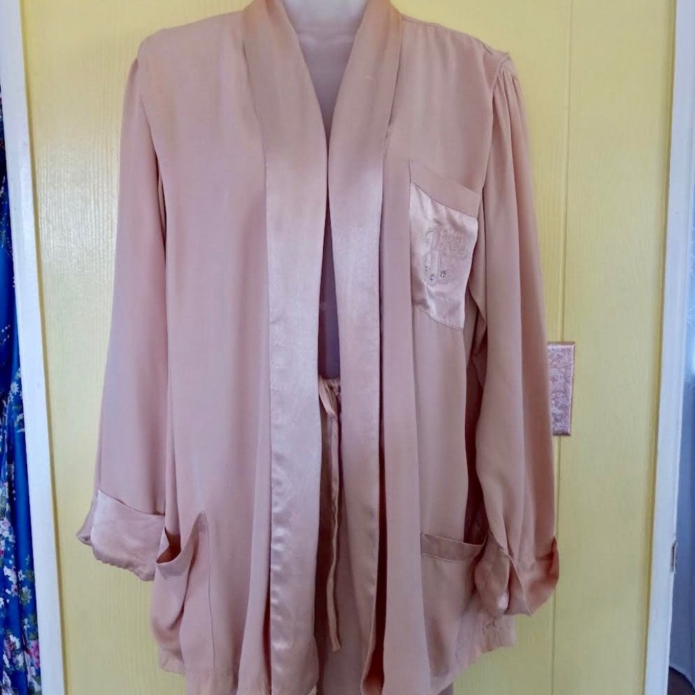 Loungewear Set. 1970's. Silky blush. Features decorative pocket with rhinestones